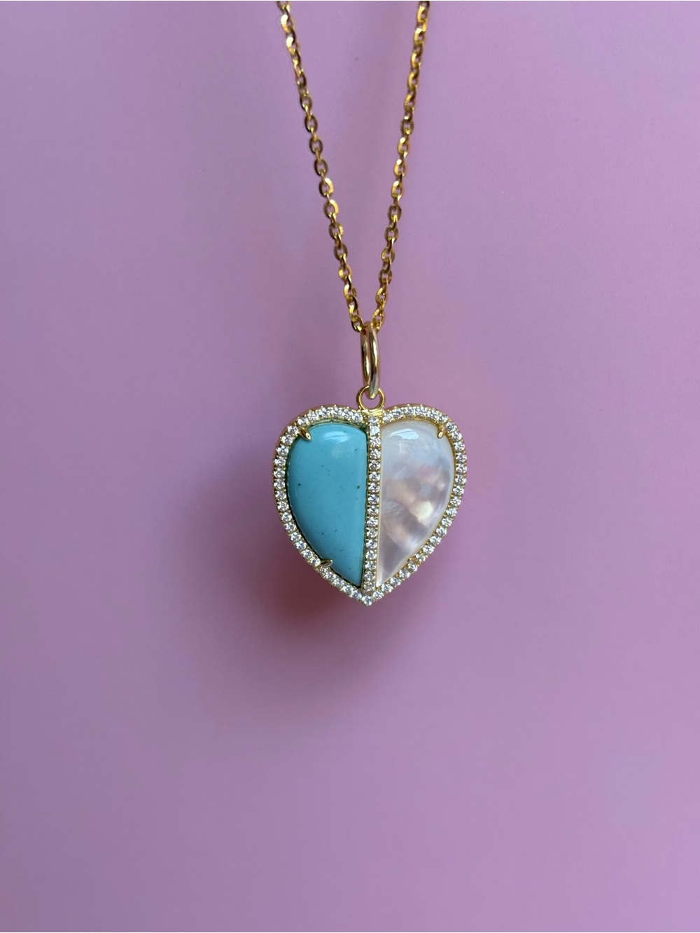 Gold Heart Pendant Necklace with Turquoise and Mother-of-Pearl Inlay